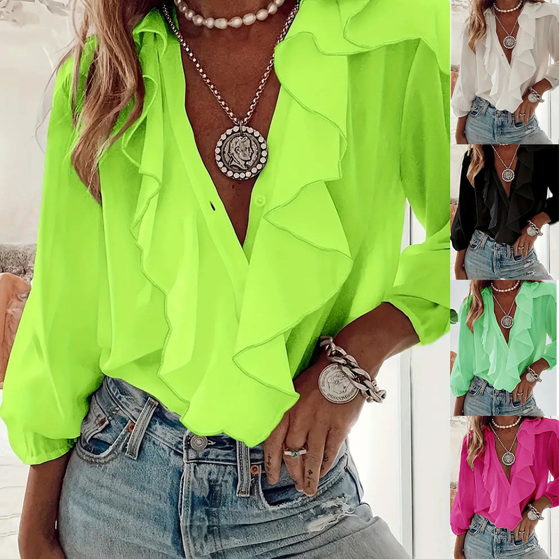 European and American Shirts Amazon 2025 Cross-Border Supply European and American Clothing Shirts V Neck Long-Sleeved Ruffle Tops
