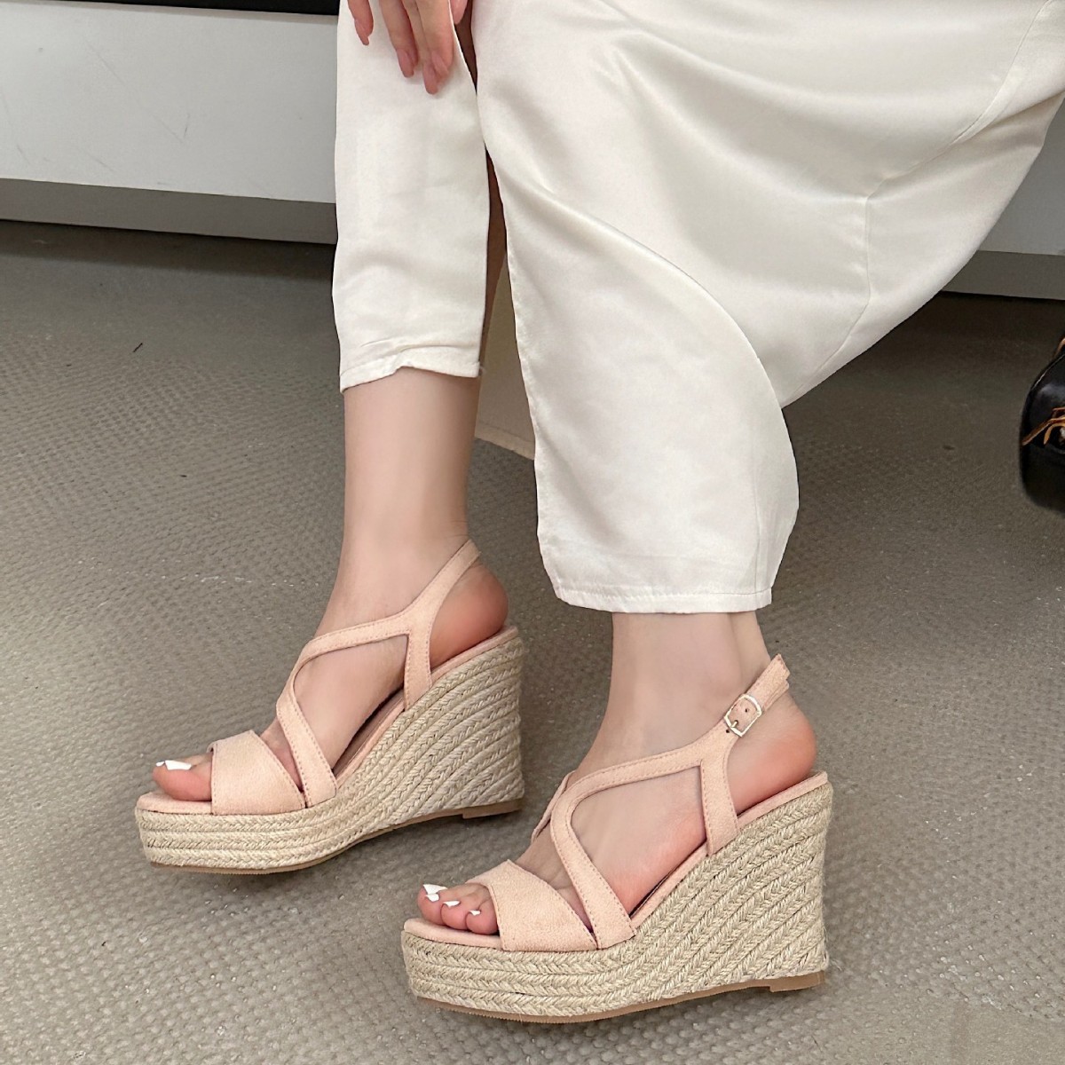 Sandali estivi alla moda da donna con plateau, in corda intrecciata di paglia, punta aperta, impermeabili, con zeppa e tacco altissimo_voghion.com