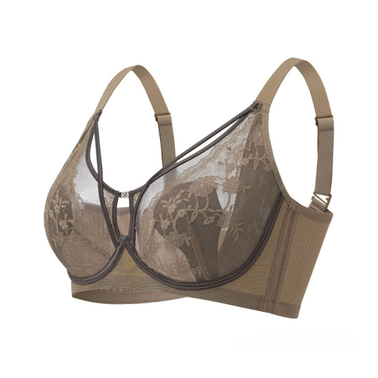 6616 Sujetador de encaje sexy con anillo de acero suave francés, orejas de conejo ligeras, pechos grandes, memoria pequeña, ropa interior ajustable de titanio