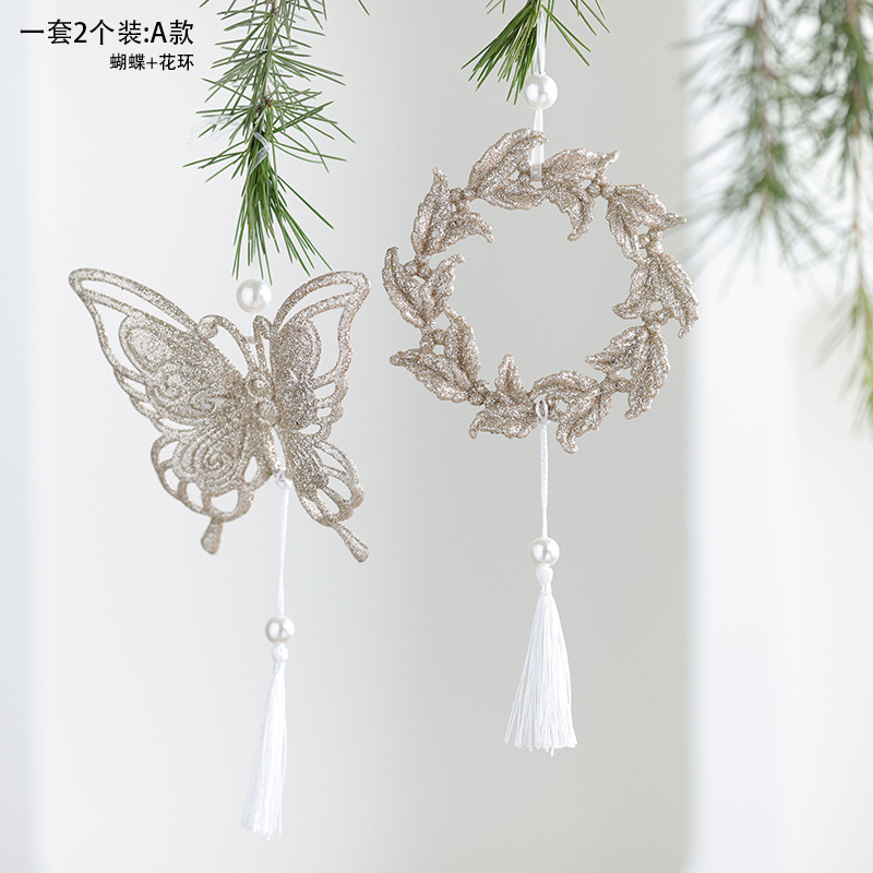 Nuevos productos transfronterizos de madera decoraciones de árboles de Navidad polvo brillante hueco flocos de nieve amor colgante mariposa colgante de Navidad