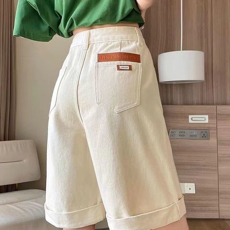 2026 Summer Thin Loose-Fitting Off-White Women's Trendy High-Waisted Slimming Cuffed Shorts for Pear-Shaped Body