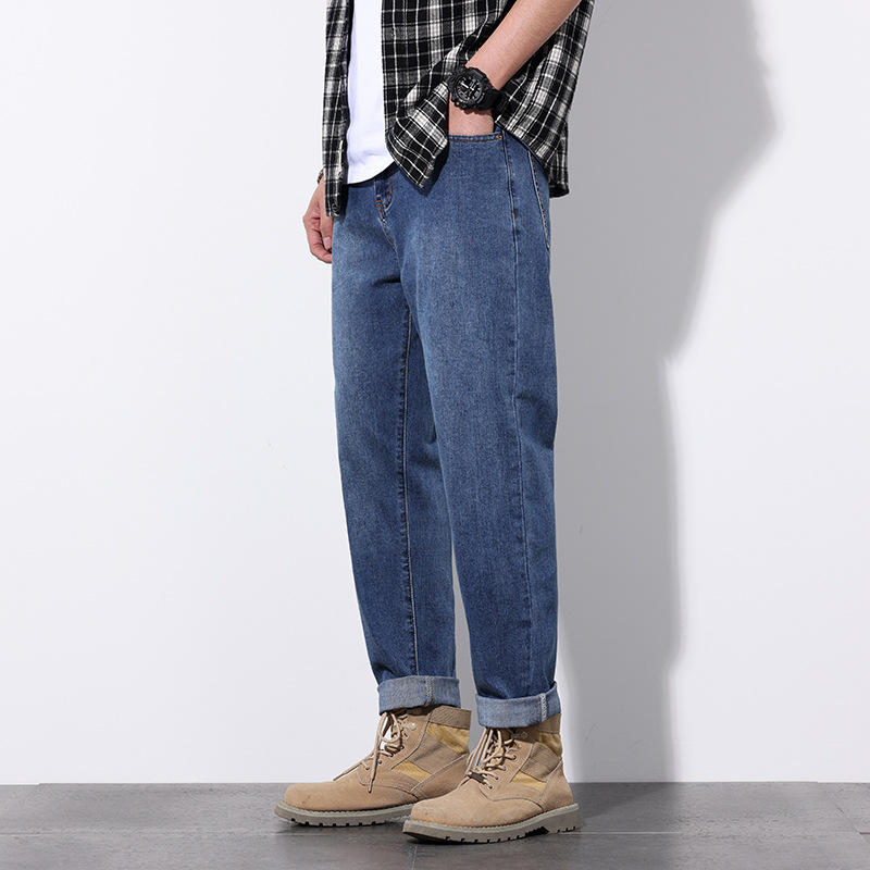 Men's summer new washed jeans, men's loose, simple and versatile elastic cropped pants_voghion.com