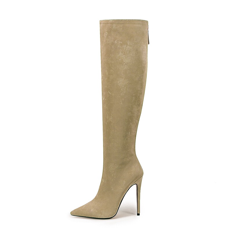 European and American Foreign Trade Cross-Border Pointed-Toe Stiletto Knee-High Boots, Satin Finish, Size 47, High-Tube Boots, Slimming Runway Riding Boots