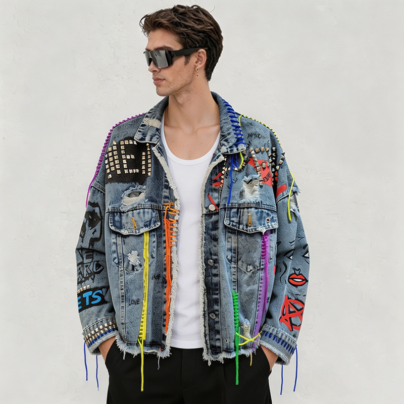 Foreign Trade Style American Graffiti Ripped Denim Jacket for Men, Vintage Washed with Rivets and Tassels, Loose Fit High Street Fashion Brand Jacket Foreign Trade Style American Graffiti Ripped Denim Jacket for Men, Vintage Washed with Rivets and Tassels, Loose Fit High Street Fashion Brand Jacket