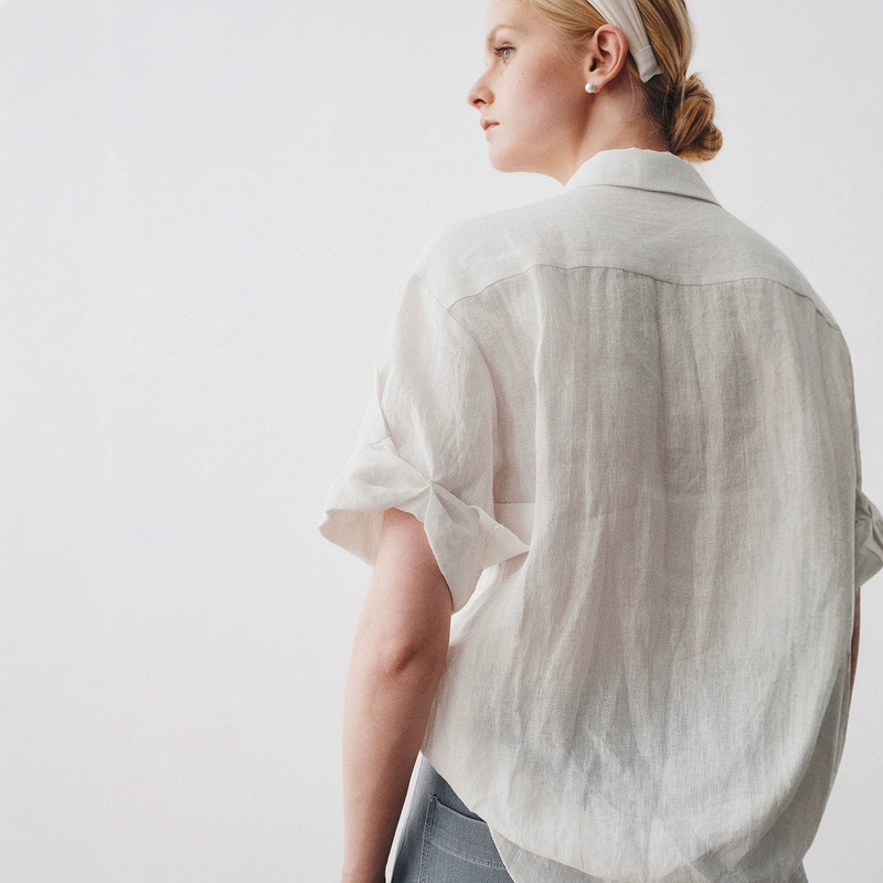Old Money Style "Hepburn White Shirt" Roman Holiday 100% Linen Pointed Collar Turn-Down Sleeves Shell Button Short-Sleeve Shirt Top Old Money Style "Hepburn White Shirt" Roman Holiday 100% Linen Pointed Collar Turn-Down Sleeves Shell Button Short-Sleeve Shirt Top