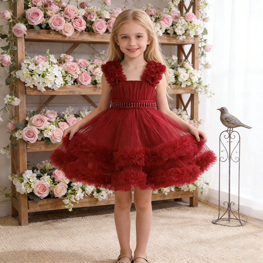 Vestido de malla para niños al por mayor exclusivo transfronterizo, vestido de princesa hinchado, vestido de ropa para niños grandes, ropa de un año para niñas