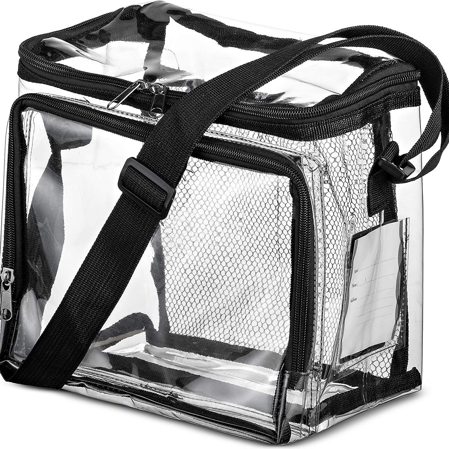 PVC Transparent Adjustable Strap Front Storage Compartment Mesh Pocket Outdoor Lunch Bag_voghion.com
