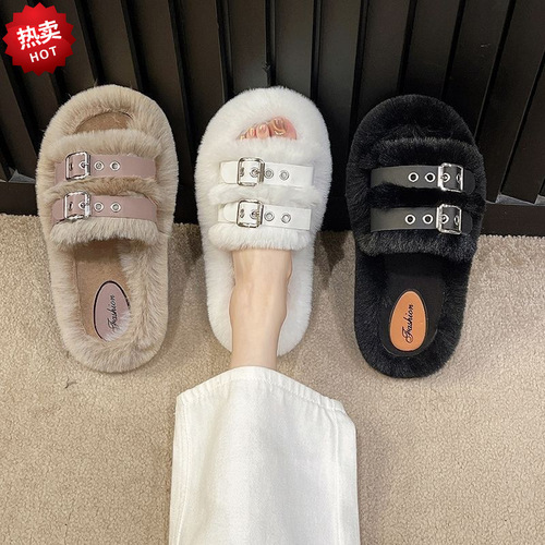 Thick-soled slippers for women, summer wear, 2024 new fashion internet celebrity plush one-word outdoor fur slippers autumn and winter 