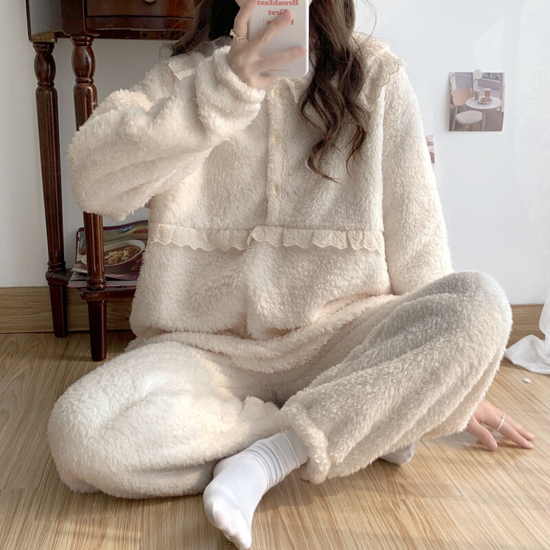 Winter Thickened Pajamas for Women, Plush and Warm, Chanel-Style Student Loungewear Cardigan Set, Lazy Style