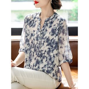 2025 New Summer Middle-Aged and Elderly Mothers Summer Chiffon Tops Fashionable Floral Shirts Thin Mid-Sleeve Shirts