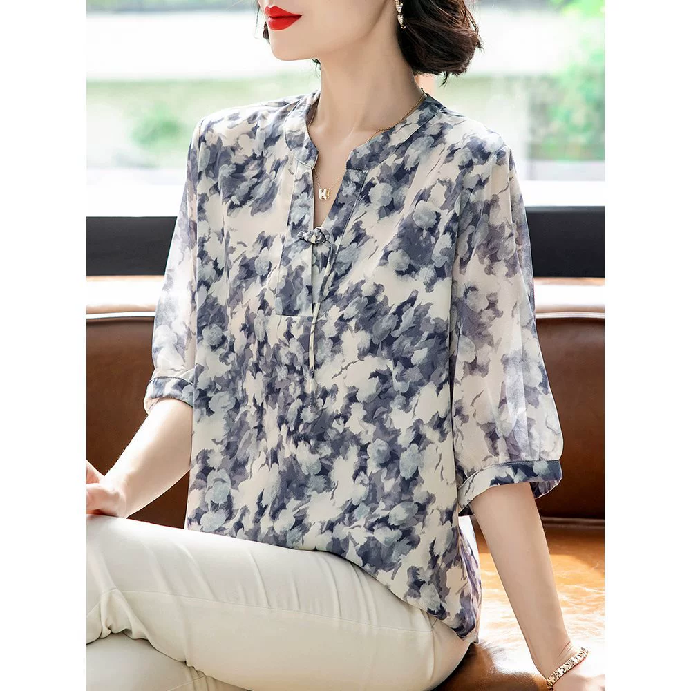 2025 новых летних шифоновых топов для женщин среднего и старшего возраста, стильные цветочные рубашки, тонкие рубашки со средним рукавом