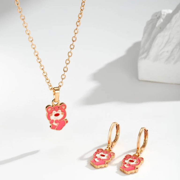 Transfronterizos lindos dibujos animados goteo de aceite colorido oso princesa Kitty gato pendientes collar para niños regalos juegos de joyas