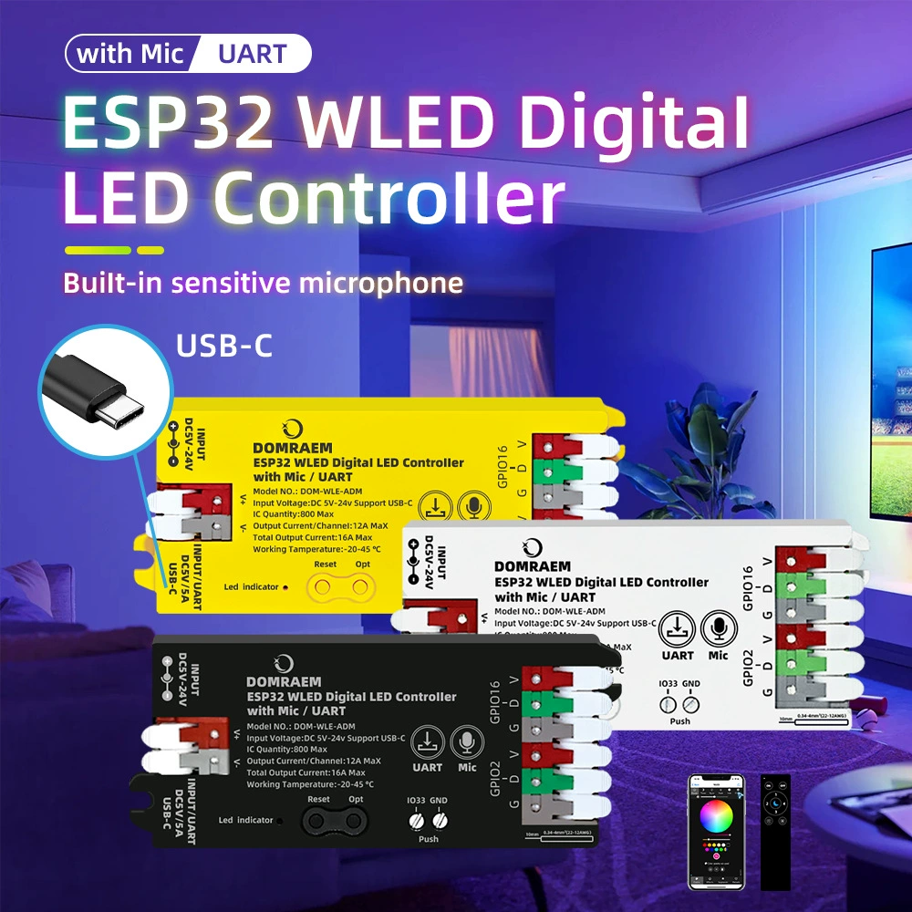 Контроллер светодиодной ленты WLED ESP32 с микрофоном, доступный по адресу, адресуемый SPI LED контроллер phantom