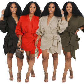 M3058 欧美跨境亚马逊休闲纯色拼布褶饰肩带设计V领裹身裙连衣裙