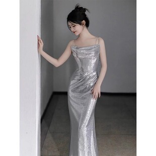 High-End Evening Dress for Women 2025 New Silver High-End Host Banquet Elegant Suspender Sequin Toast Dress Bride