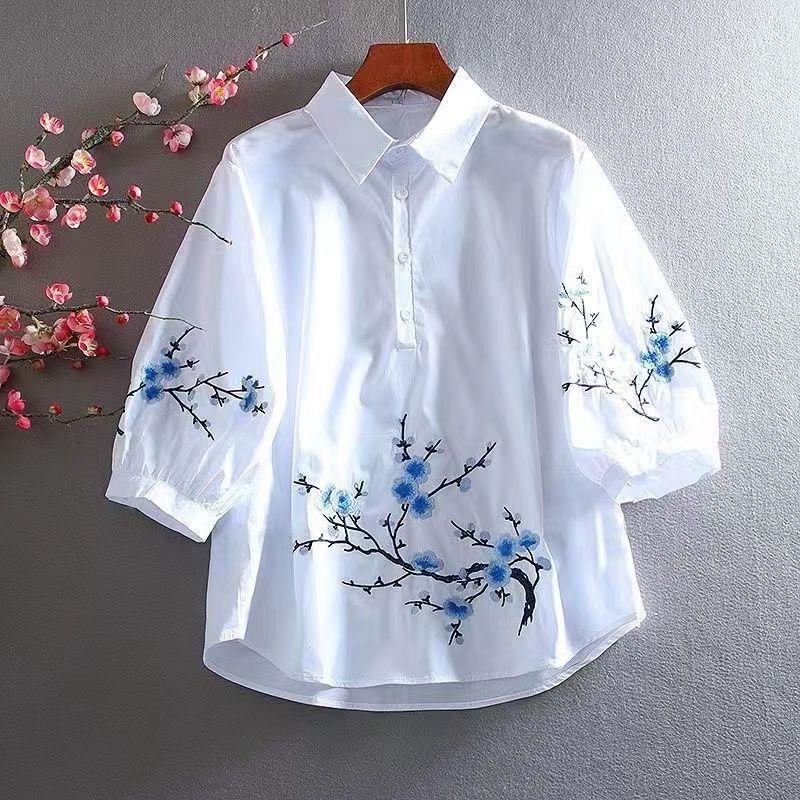 Cotton White Embroidered Shirt Women's 2023 Summer New Design Niche Casual Loose Simple Textured Top