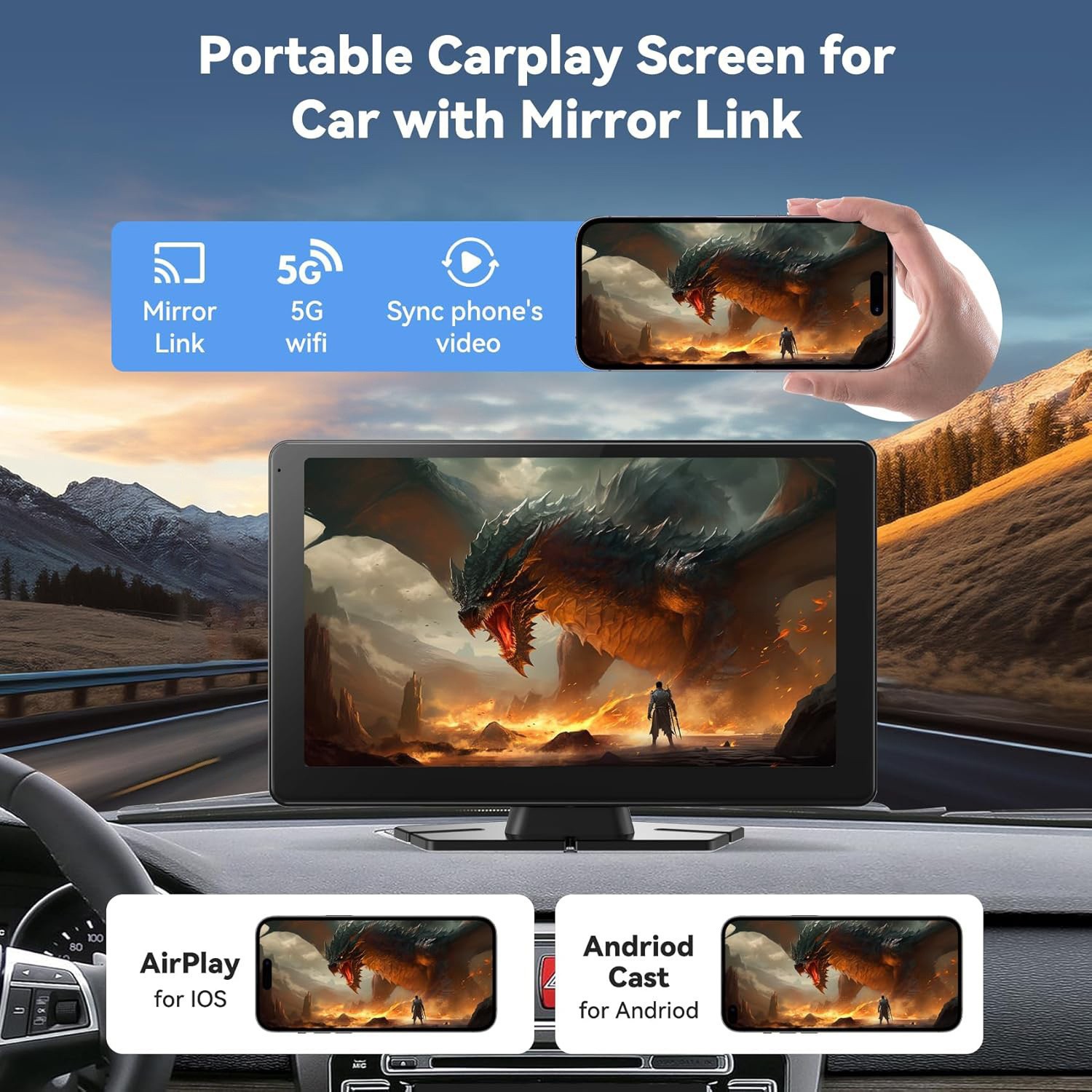 9inch Portable Carplay Recorder Wireless Android Auto Smart Screen Car Navigation MP5 Player