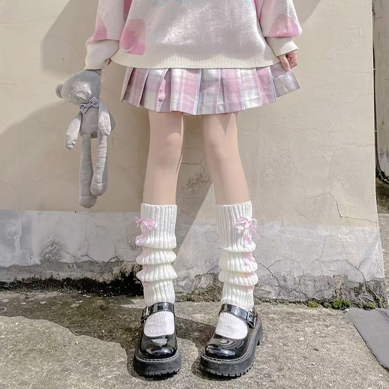 日系可爱交叉绑带jk袜套长筒小腿袜子秋冬保暖腿套洛丽塔堆堆袜女|undefined