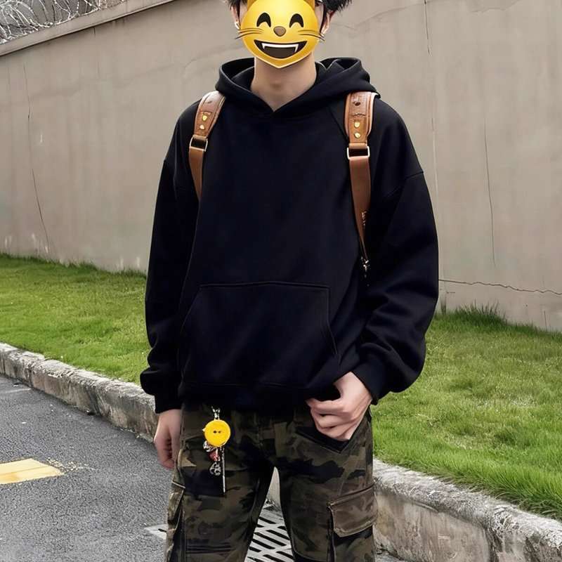 Black Short Cordless Hooded Sweatshirt Men's Autum American Heavy Layered Hoodie Cleanfit Pullover Jacket