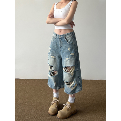 American Retro High Street Worn Hole Denim Seven-Tenth Pants Men and Women Loose Slim Legged Casual 7-Tenth Pants 