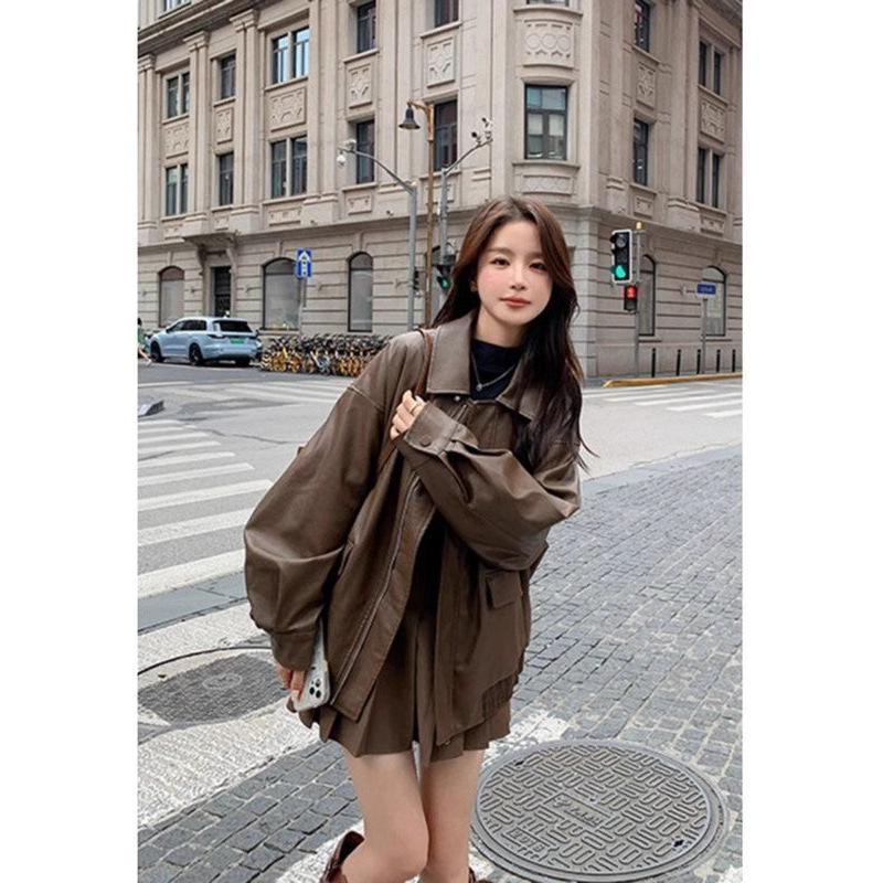 Melard Women's Jacket Spring and Autumn 2025 New Brown Leather Jacket American Retro Pu Leather Jacket Loose Fit