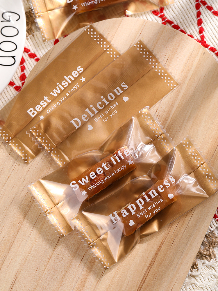 Bolsa de embalaje de nougat, embalaje de toffee, papel de azúcar, bolsas de pastel de leche de mango, sello de máquina transparente, bolsas pequeñas letras esmerizadas