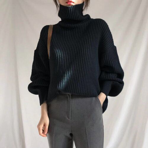 High neck sweater coat for autumn and winter, Korean style, fashionable and loose fit, versatile outerwear, chic and lazy long-sleeved top