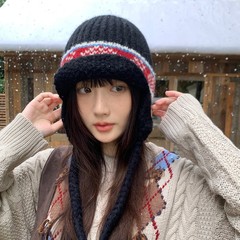 复古提花辫子针织护耳帽女秋冬季费尔岛风防寒显脸小保暖毛线帽子