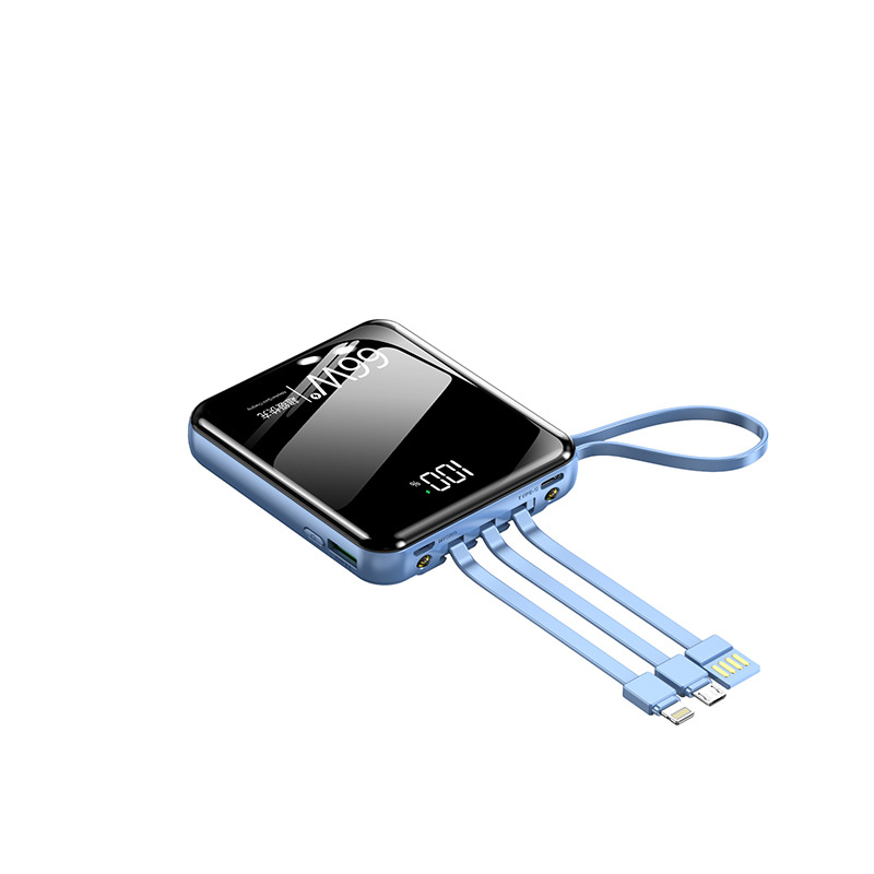 Banco de energía portátil mini de carga rápida bidireccional de 66W al por mayor, 10000 mAh de gran capacidad con cable integrado, fuente de alimentación móvil, personalizable.