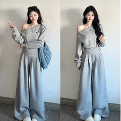 开春韩系穿搭一整套2025早春季女休闲斜肩卫衣运动阔腿裤两件套装