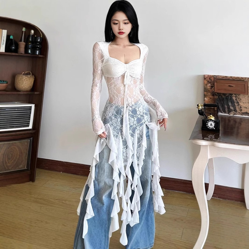 Pure Desire Hot Girl See-Through Lace Chic Ribbon Spliced ​​Square Neck Long Sleeve T-Shirt Women's Slim Vacation Style Sexy Top