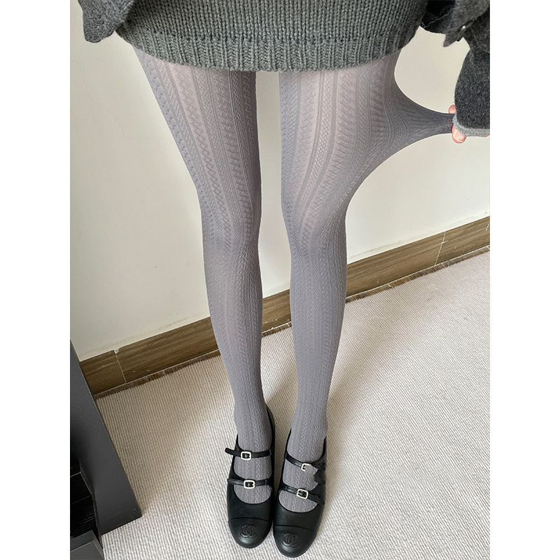 Retro Gray Pantyhose Autumn and Winter Twist Velvet Bottoming Socks Wheat Grain Pattern Bare Legs Black Stockings for Women