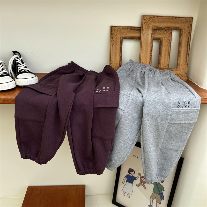 Pantaloni da lavoro e da sport per bambini autunnali 2024 per ragazzi e ragazze, tinta unita, con grandi tasche e lettere_voghion.com