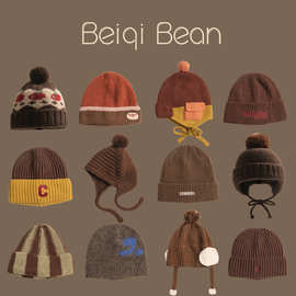 ins韩版儿童帽子秋冬咖啡色针织帽男女童保暖驼色护耳毛线套头帽