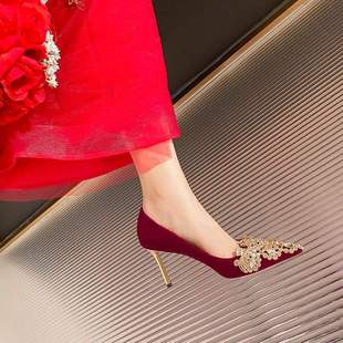Xiuhe Wedding Dress Two-Wear Wedding Shoes 2025 Spring New Elegant High Heels Women's Stiletto Rhinestone Flower Bridal Shoes