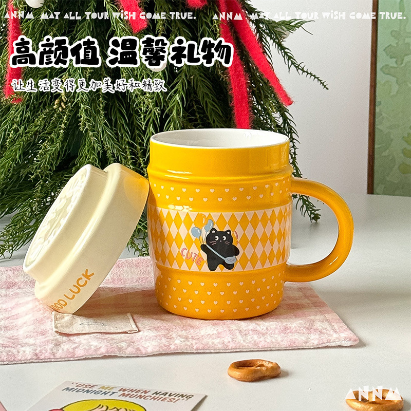 生日礼物杯子家用喝水高颜值陶瓷杯黑猫马克杯带盖儿童伴手礼|undefined