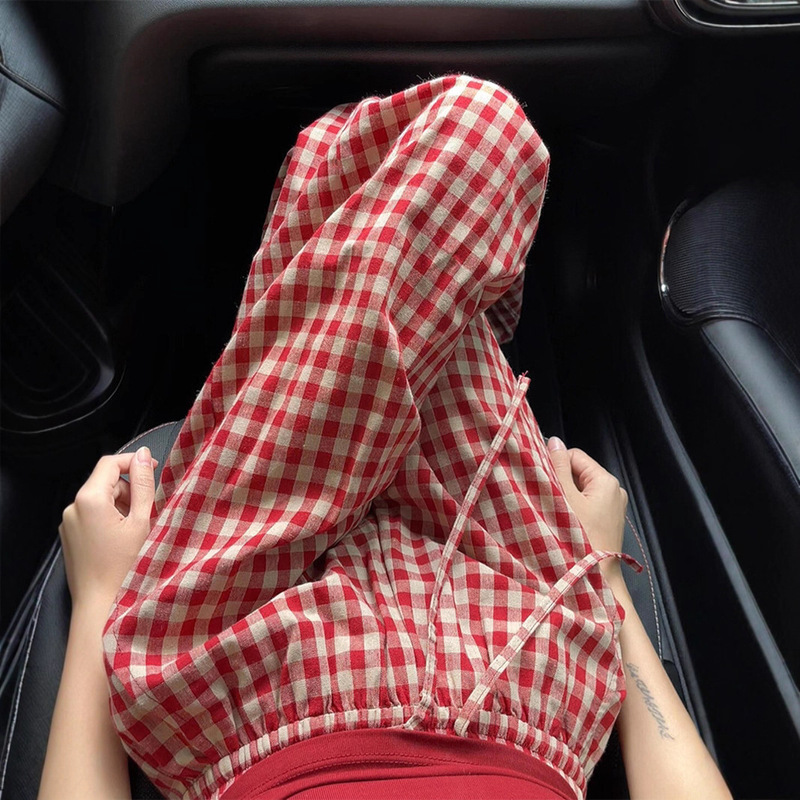 Hong Kong Style Chic Red Plaid High-Waisted Casual Pants for Women in Autum Loose Wide-Leg Harajuku Style Versatile Straight Pants Trendy