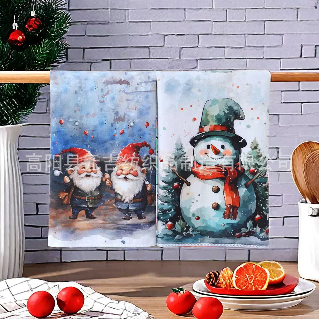 圣诞日用品清仓 代发Temu涤纶 厨房用布复古雪人圣诞节茶巾