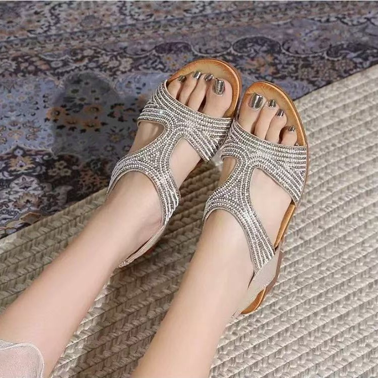 Bohemia de verano nuevo hueco cross-border talón sandálias de diamante zapatos cómodos de mujer de verano