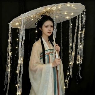 手持带流苏发光伞仙女汉服摄影道具古风白飘带珠LED灯发光绸布伞