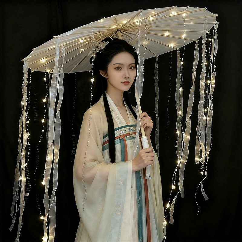 Mano con brilla paraguas luminosas hadas ropa china props de fotografía antiguo cinturón blanco cuentas LED lámpara luminosa seda paraguas