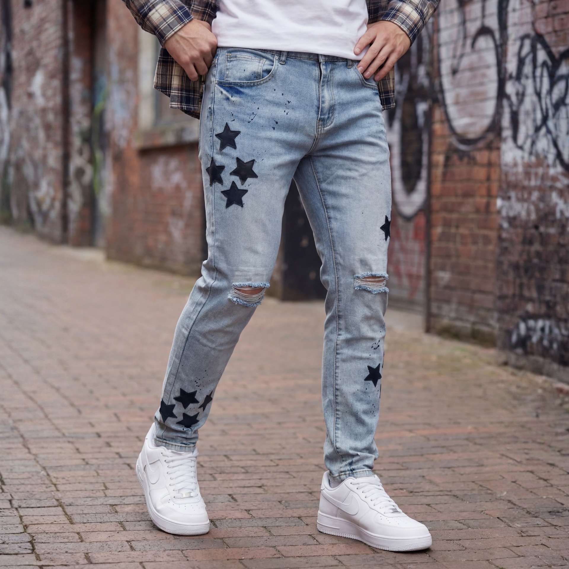 Cross-Border Foreign Trade Star Patch Embroidery Splatter Ink Ripped Jeans Men's High Street Style Heavy-Duty Trendy Brand Slim Straight Fit
