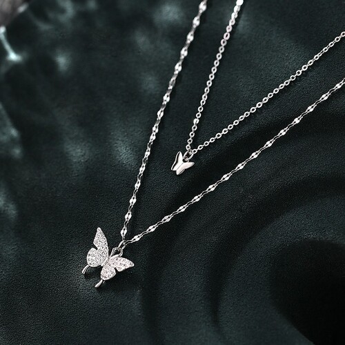Butterfly double-layer necklace women's niche design temperament silver-plated jewelry ins cold style clavicle chain