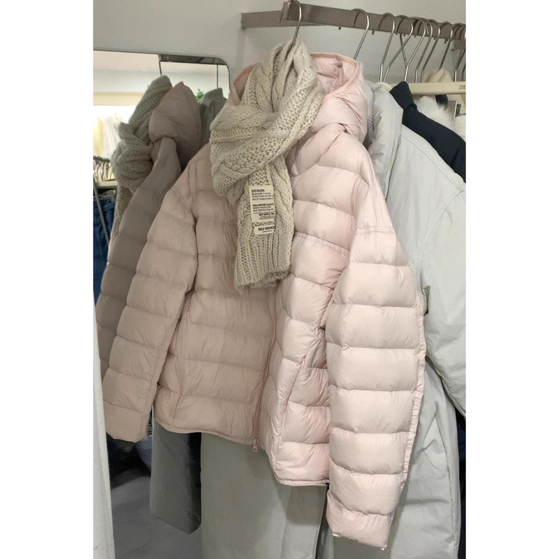 Pink Lightweight Ribbed down Jacket for Women 2026 New Autumn and Winter Stylish Coat Warm Hooded Cotton Jacket