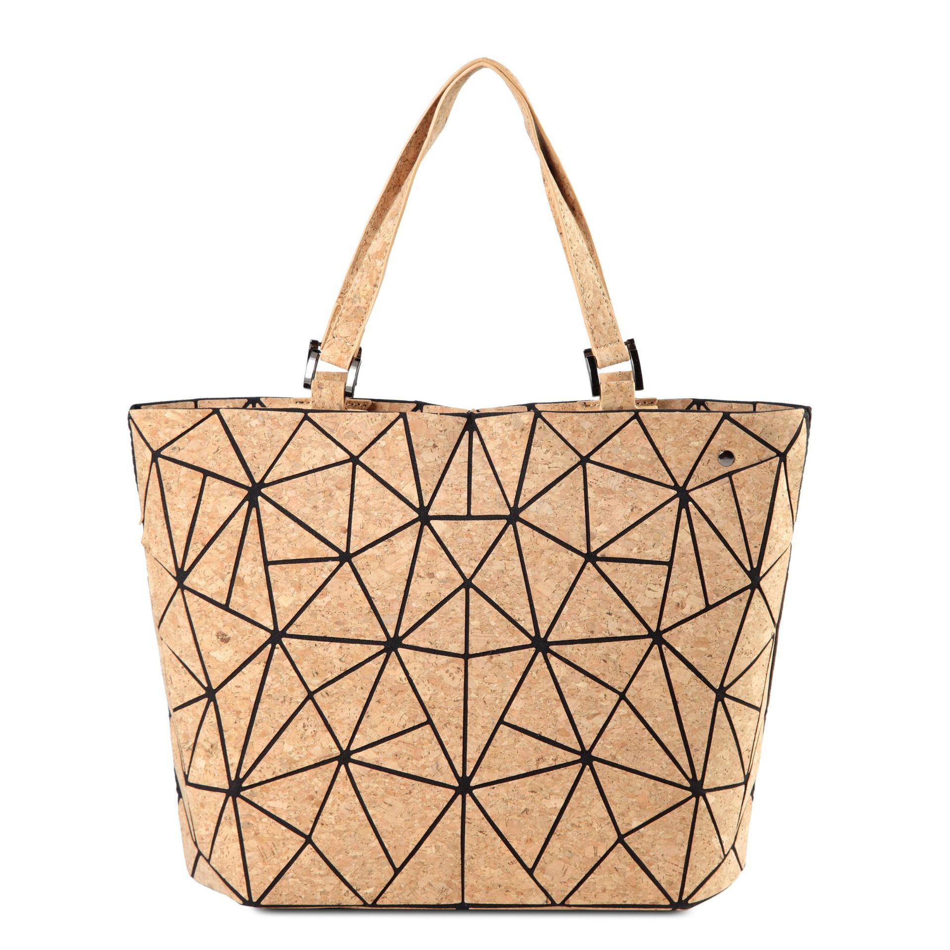 Environmentally friendly PU cork diamond grid handbag with tree bark folding geometric single shoulder women's bag,_voghion.com