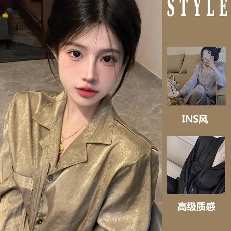 French High-end Pajamas Women's Spring and Autumn Ice Silk Thin Twill New Live Explosions Simulation Silk suit Korean
