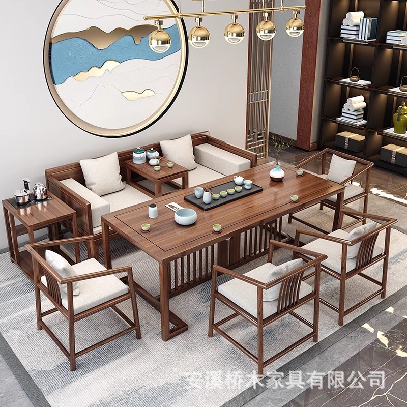 新しい中国風の無垢材のティーテーブルと椅子の組み合わせオフィス受付交渉ティーテーブルホームコーヒーテーブル受付大型ボードティーテーブル|undefined