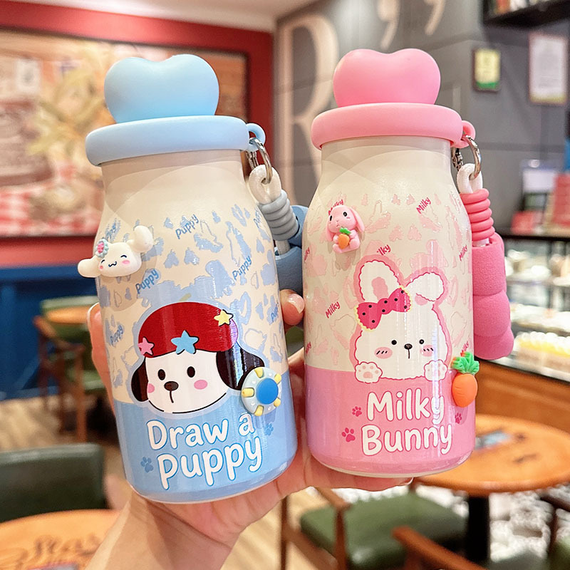 캐릭터 빨대 보온병 400ml 차거름망 휴대용 스트랩 물병