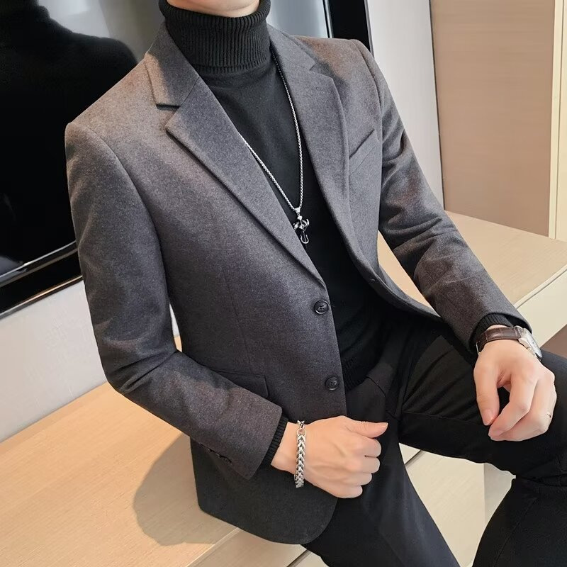 男士休闲西装外套商务高级感秋冬季毛呢子厚款小西服套装上衣单件