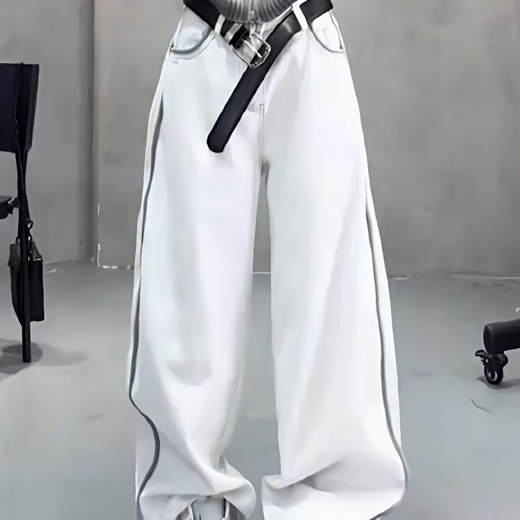 American-Style Fashion Color-Blocked Striped Design Scimitar Jeans for Women, Spring High-Waisted Slimming Loose Wide-Leg Cuffed Casual Pants